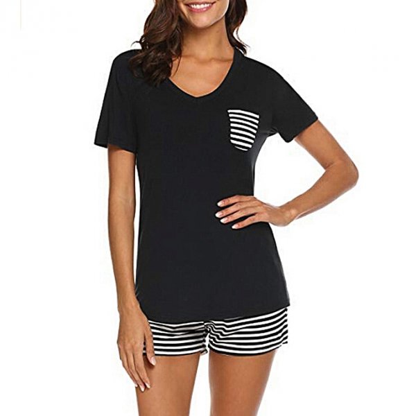 Women Pajama Set Striped Short Sleeve Pajama Set