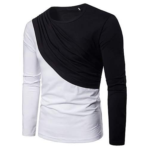 Men Daily Weekend Basic T-Shirt, Colorblock and Patchwork Round Neck, Long Sleeve