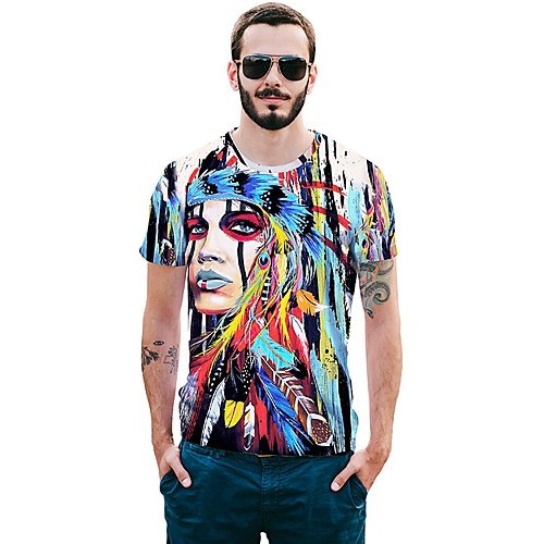 Men everyday chic, exaggerated cotton T-shirts, color blocks, animals, portrait print round neck, short sleeves