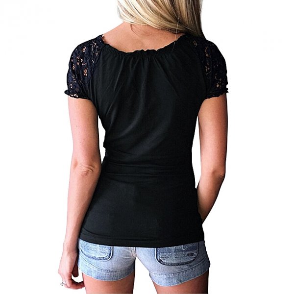 Women Short Sleeve T-Shirt Lace Patchwork Casual Shirt Top Clothes