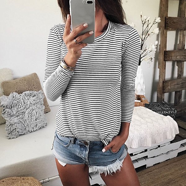 Women Long Sleeve Open Back Stripe Print Casual Shirt Top