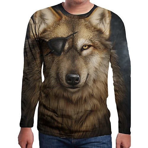 Men everyday wear holiday t-shirt, 3D, animal print round neck, long sleeves