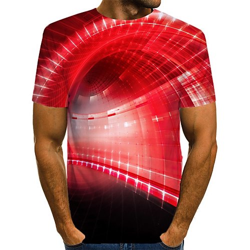 Men fashion, exaggerated T-shirt, color matching, 3D, patterned print crew neck, short sleeves