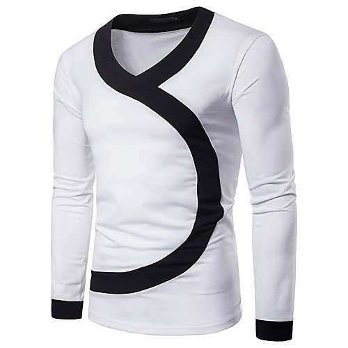 Men Daily Weekend Basic T-Shirt, Colorblocking, Patchwork V-neck, Long Sleeve