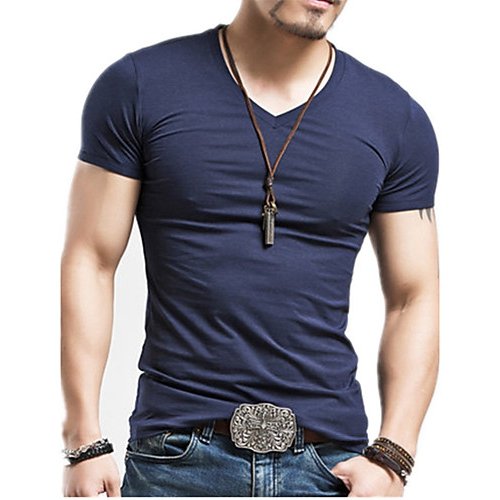 Men Daily Weekend Basic Cotton Slim T-Shirt, Solid Color V-neck, Short Sleeve