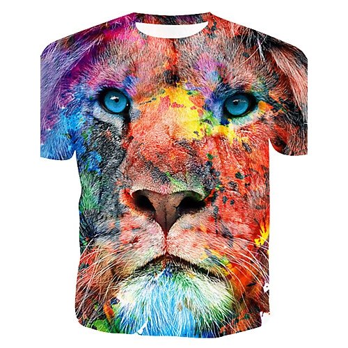 Men cotton T-shirt, color block, 3D, animal print round neck