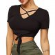 Women's sexy short-sleeved tie waist deep cross strap cut short shirt jacket