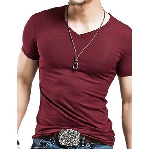 Men daily sports cotton T-shirt, solid color V-neck, short-sleeved