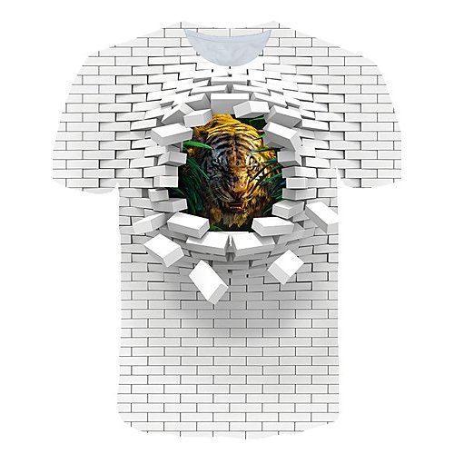 Men Beach Fashion, Exaggerated T-Shirt, Color Block, 3D, Animal Printed Round Neck, Short Sleeve