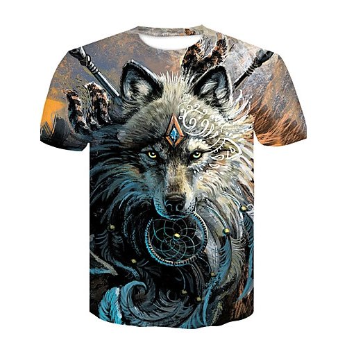 Men daily basics, fashion T-shirts, animal wolves, printed crew necks, short sleeves