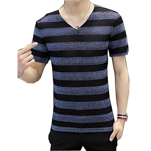 Man substantially large size of cotton, polyester tight, self T-shirts, plain, stripes, floral V collar, short sleeve