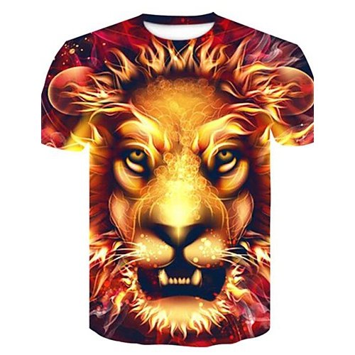 Men large size T-shirt, 3D, plaid, animal print round neck