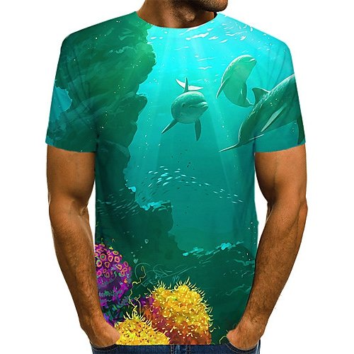 Men fashion, T-shirt, color block, 3D, animal print round neck, short sleeves