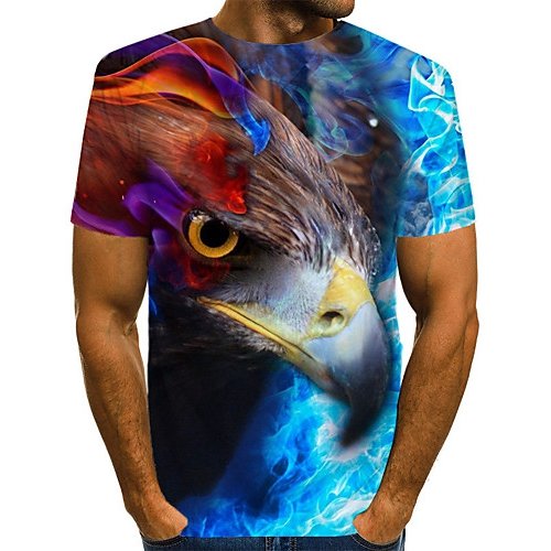 Men casual, everyday fashion, exaggerated T-shirt, color blocks, 3D, animal prints