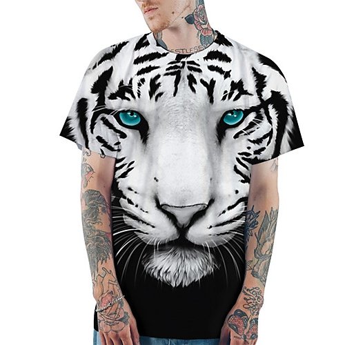 Men daily casual basic, stylish slim T-shirt, 3D, animal print round neck, short sleeves