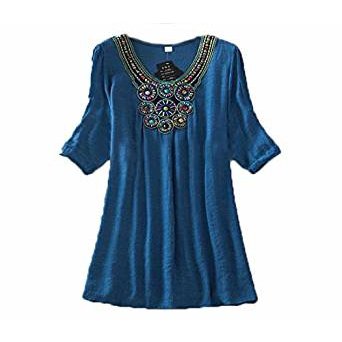 Women's round neck beaded embroidery top blue jeans jacket