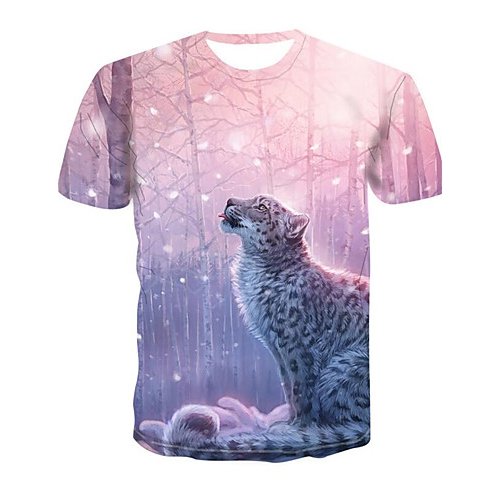 Men daily clothing basic large size T-shirt, 3D, animal print round neck pink, short sleeves