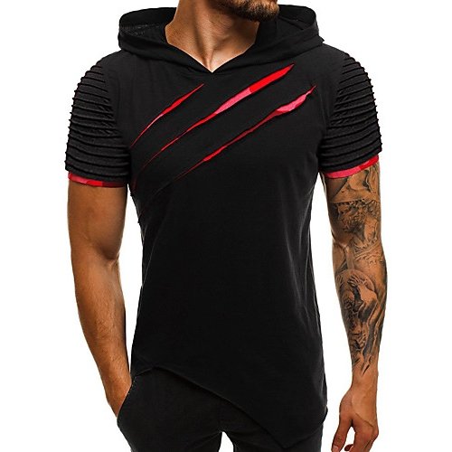 Men daily casual basic, stylish cotton slim T-shirt, solid color patchwork hood, short sleeves