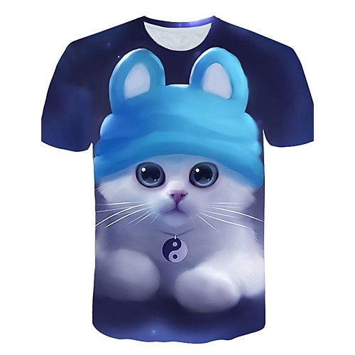 Men Daily Weekend Basic, Chic T-Shirt, 3D, Animal, Cat, Printed Round Neck, Short Sleeve