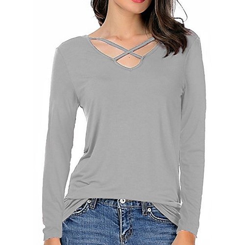 Women cotton T-shirt, V-neck solid color