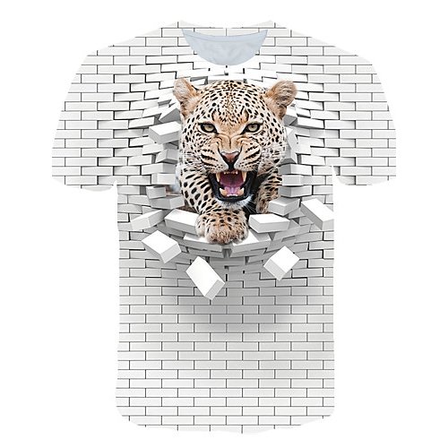 Men Beach Fashion, Exaggerated T-Shirt, Color Block, 3D, Animal Printed Round Neck, Short Sleeve