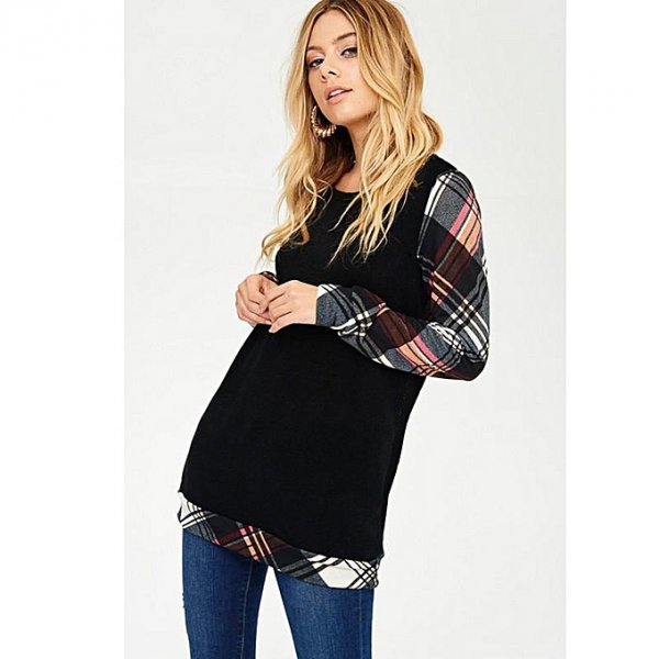 Women Long Sleeve Plaid Plaid Print Pullover Pullover Top Shirt