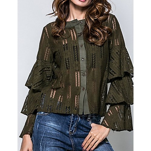 Woman chic petal sleeve T-shirt, solid color, lace