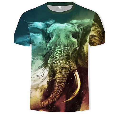 Men large size cotton T-shirt, 3D, animal print round neck