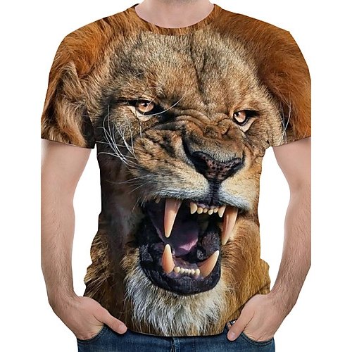 Men large size cotton T-shirt, 3D, animal print round neck