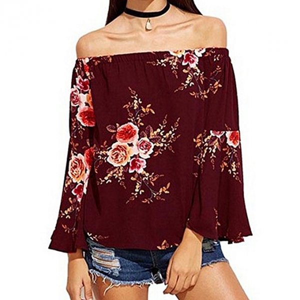 Female floral print blouse sexy strapless blouses, ladies blouse red wine