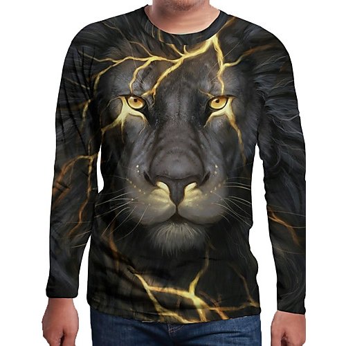 Men daily holiday, T-shirt, solid color, 3D, animal print round neck, long sleeves