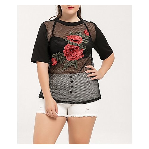 Plus Size Women's Beach Basic T-shirt Slim cotton, solid color, flower color block embroidery, printing round neck