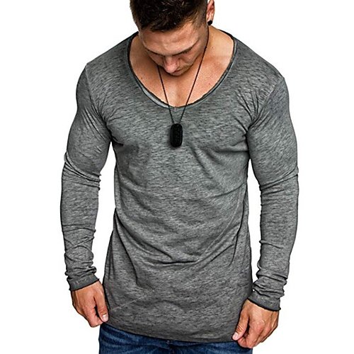 Men Daily Sports Plus Cotton Slim T-Shirt, Solid Color V-neck, Long Sleeve