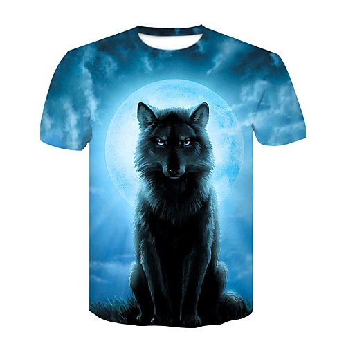 Men daily basics, fashion T-shirts, animal wolves, print round neck, short sleeves