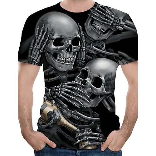 Men T-shirt, color block, 3D, skull print round neck