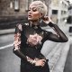 Women Long Sleeve Sexy Transparent T-Shirt Floral Tights Net Tulle Top