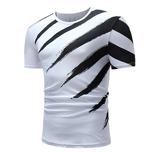 Men Daily Weekend Basic Cotton T-Shirt, Striped and Round Collar, Short Sleeve