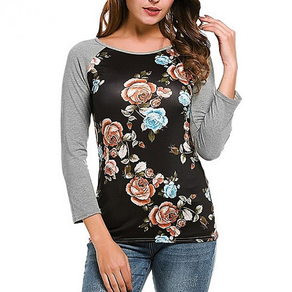 Women Collar Long Sleeve Floral Casual Shirt T-Shirt Top