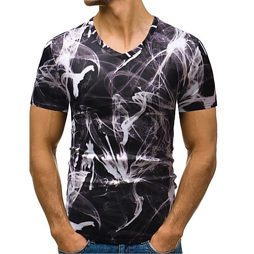 Men Casual Basic T-Shirt, Floral Print V-neck, Short Sleeve