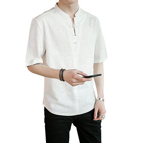 Men Daily Linen T-Shirt, Solid Color V-Neck, Short Sleeve