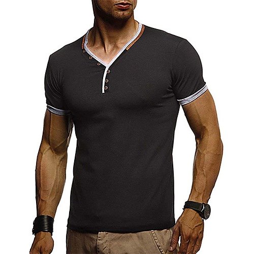 Men daily wear basic slim T-shirt, solid color V-neck, short sleeves