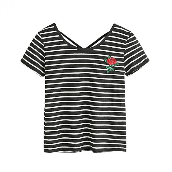 Women Striped Rose Print Tank Summer Sexy Short Sleeve Top