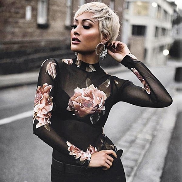 Women Long Sleeve Sexy Transparent T-Shirt Floral Tights Net Tulle Top