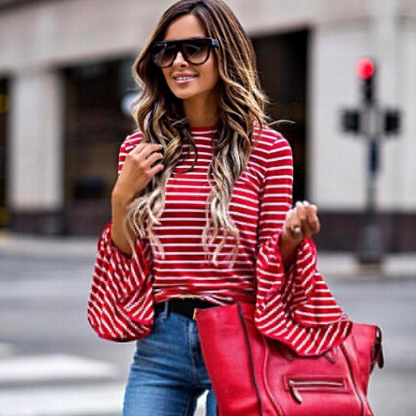 Autumn blouse round neck long-sleeved T-shirt with red stripes trumpet