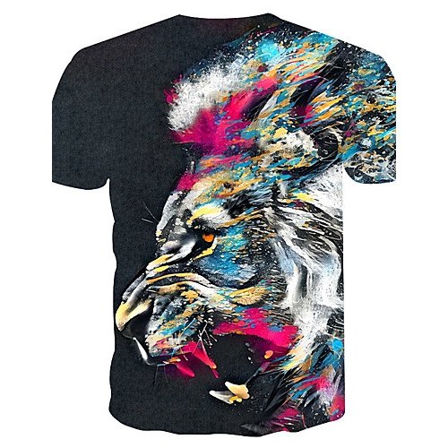 Men large size slim t-shirt, color block, 3D, animal print round neck