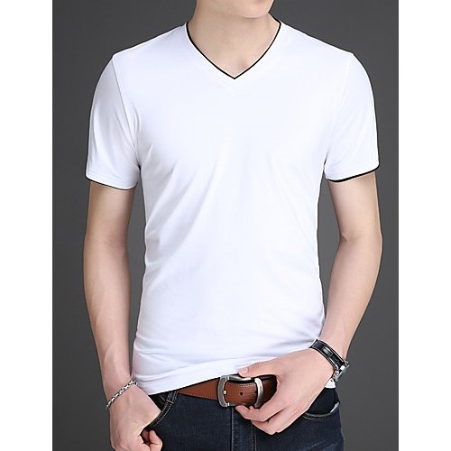 Men cotton T-shirt, solid color V-neck