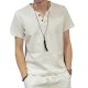 Men Daily Sports Weekend Basic, Linen T-Shirt, Solid Color V-neck, Short Sleeve