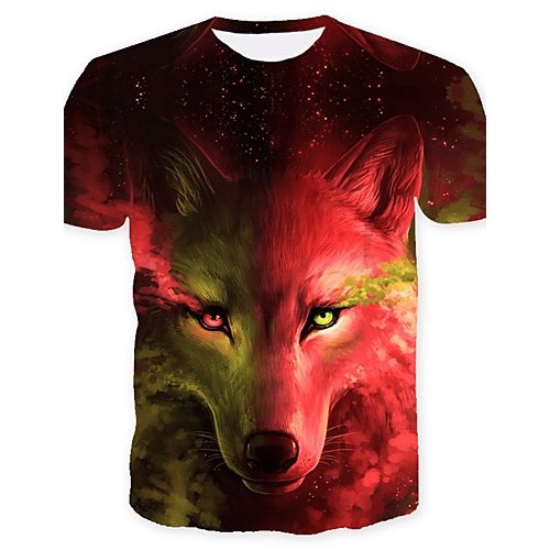 Men daily outing basic large size T-shirt, animal wolf round neck, short sleeves