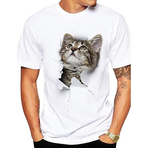 Men daily fashion large size T-shirt, 3D, animal cat, printed round neck, short sleeves