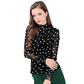 Female high-necked long-sleeved mesh shirt black and white dots